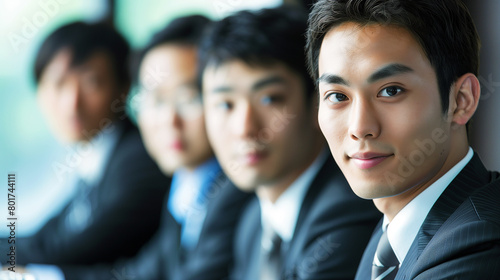 A group young Asian businessman sitting at a conference table  a busy office setting  showcasing professionalism and focus.