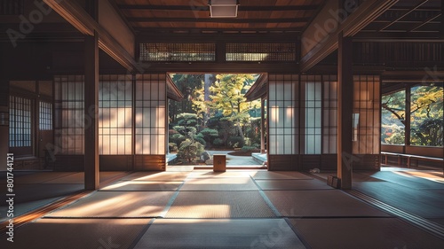 Serene Japanese interior with view of a garden - This peaceful Japanese room opens up to a lush garden  with tatami flooring and shoji screens creating a tranquil space