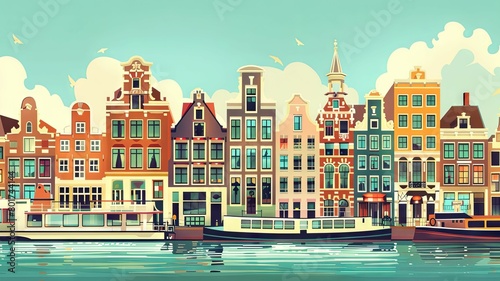 Peaceful Amsterdam waterfront cityscape illustration - This serene image captures Amsterdam's quiet waterfront cityscape with distinct Dutch architectural elements in a calming color scheme