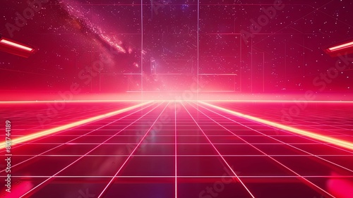 Illuminated neon grid with cosmic backdrop - This vibrant image features a neon grid with cosmic dust and stars creating an atmosphere of interstellar travel