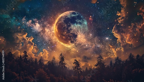 Large celestial body over a mystical forest scene - This stunning image features a large celestial body illuminating a mystical forest scene beneath a starry sky