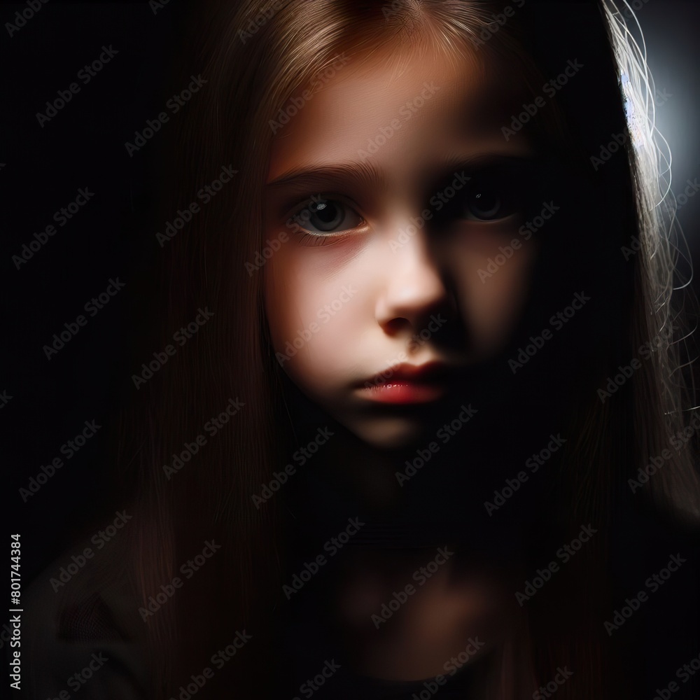 A sad young little girl portrait, with the rim light. The background is black. A sad young little girl portrait, with the rim light. The background is black.