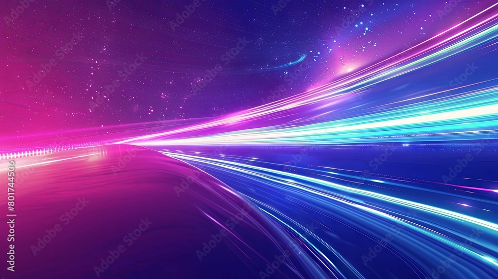Neon-colored speed of light on highway - Dynamic illustration showing streaks of neon lights representing high-speed travel on a straight highway under a night sky