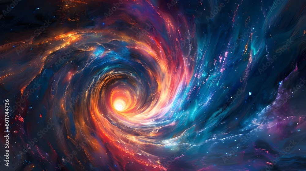 Vibrant cosmic background featuring a swirling galaxy and black hole with vivid pink and blue nebulas, ideal for science fiction themes or space-related content with ample space for text