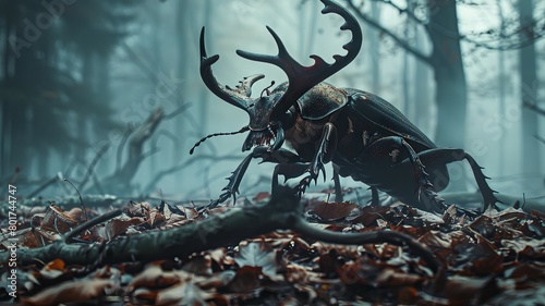 Majestic stag beetle in a mystical forest - Surreal image of a large stag beetle amidst a foggy, ethereal forest scenery, conveying a sense of fantasy and mystery