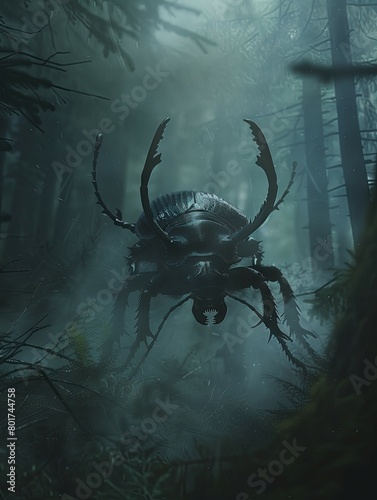 Surreal beetle encounter in foggy woods - Surreal artwork showcasing a beetle with exaggerated features amidst the dense fog of an ethereal forest