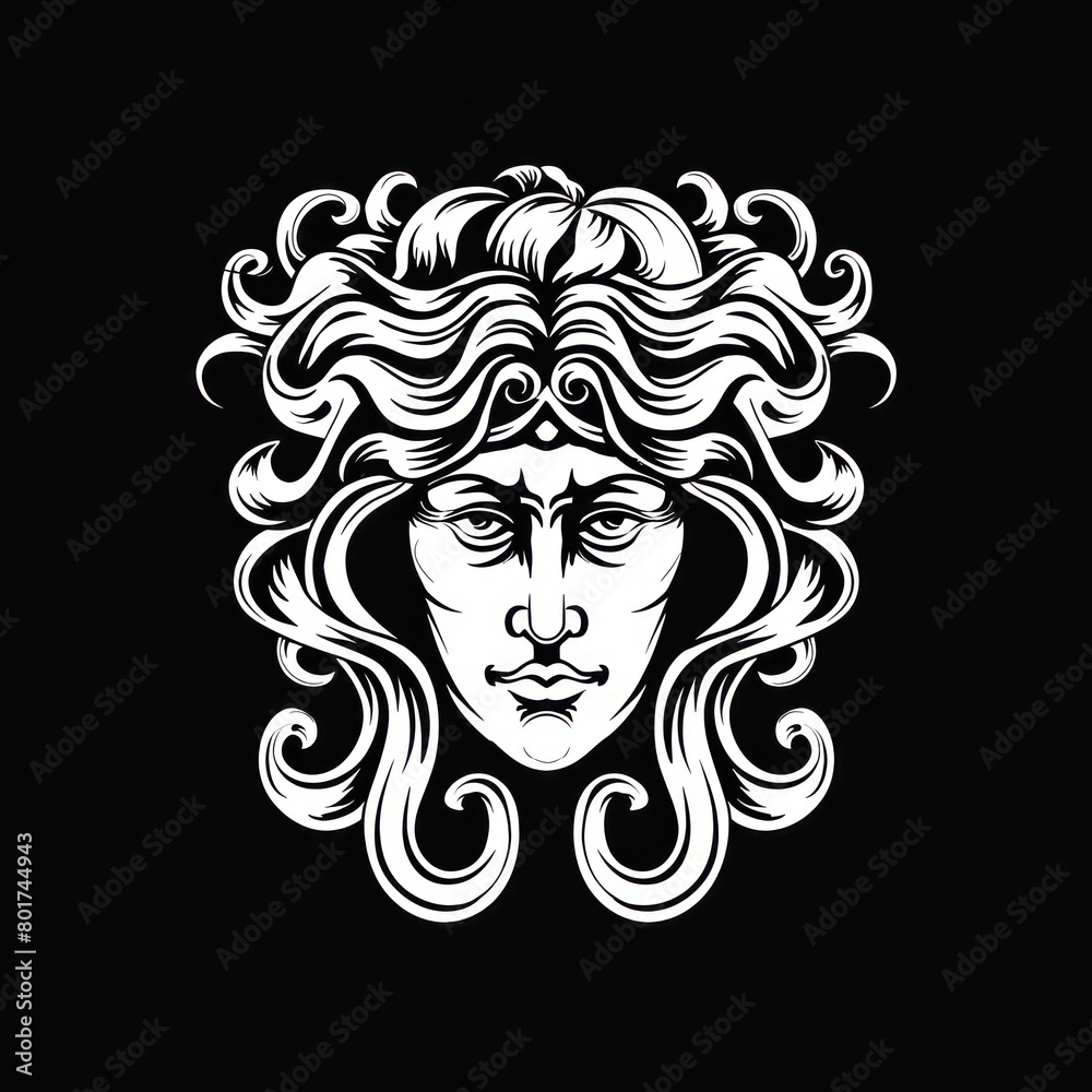 medusa head line art, black background 