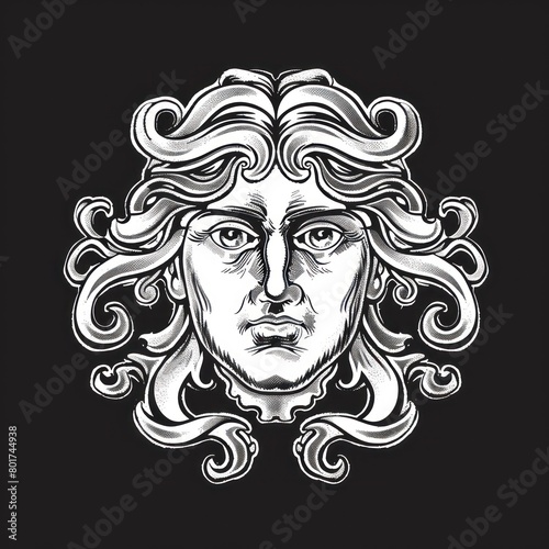 medusa head line art, black background 