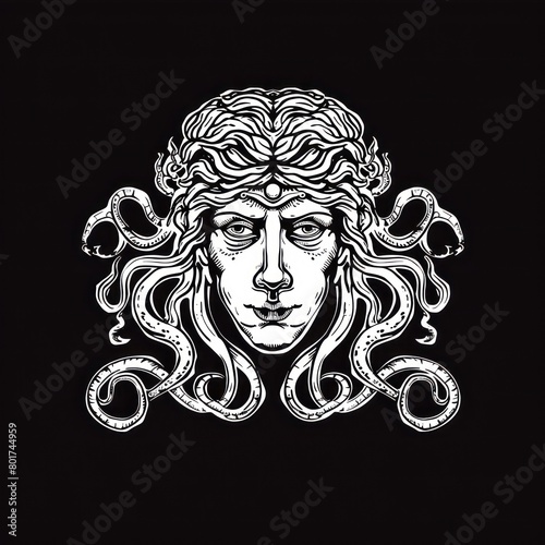 medusa head line art, black background 