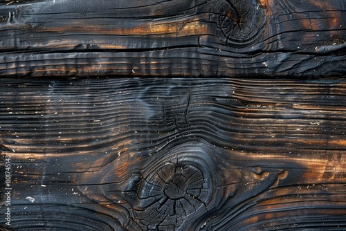 Texture of black and dark brown old wood. Charred and burnt old Board with knots. Wide burned board texture close-up, panoramic banner - generative ai