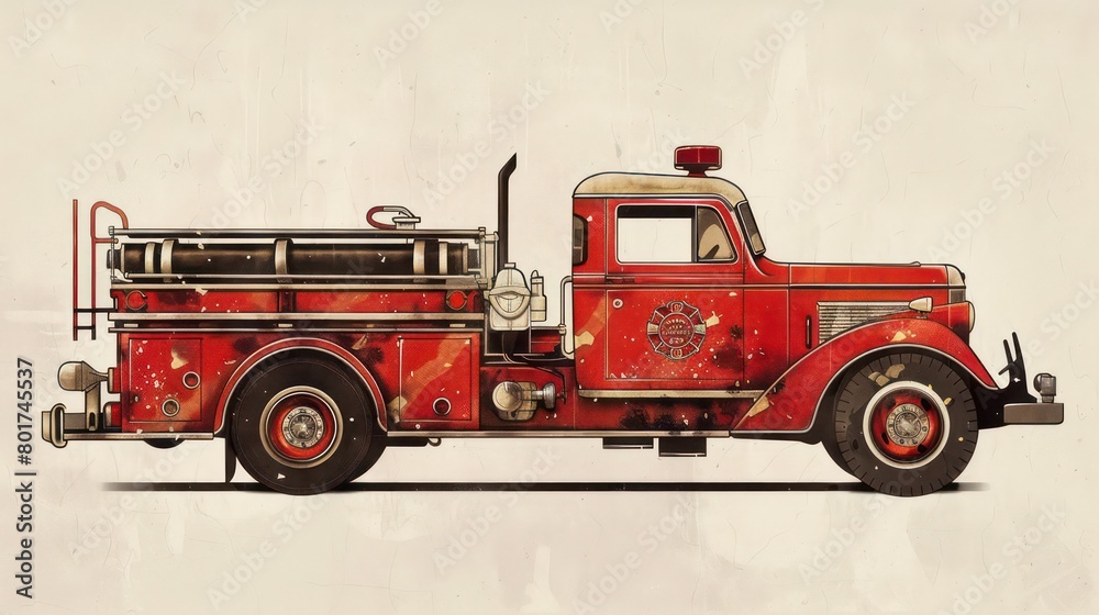 old dirty fire truck on white background