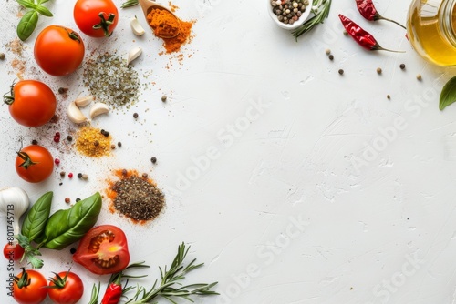 Fresh Herbs and Tomatoes on White Background