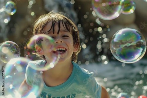 Joyful Child Playing with Bubbles in Sunlight