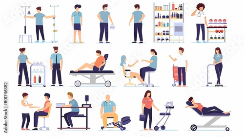 Therapists helping patients during physio therapy and rehabilitation set Physiotherapy treatment for people with physical disabilities Flat graphic vector illustration isolated on white background