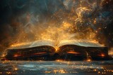 A large open book with glowing pages and magical light emanating from it, symbolizing the power of knowledge and wisdom in a fantasy style