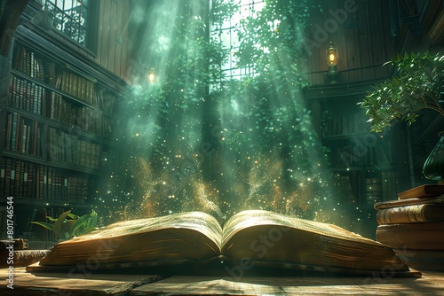 A large open book with glowing pages and magical light emanating from it, symbolizing the power of knowledge and wisdom in a fantasy style