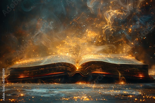 A large open book with glowing pages and magical light emanating from it, symbolizing the power of knowledge and wisdom in a fantasy style photo
