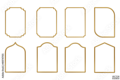 Simple golden geometric frames are isolated on white background. Luxury gold borders for wedding invitations, luxury templates, and decorative patterns. Golden border design. 3D vector illustration. photo