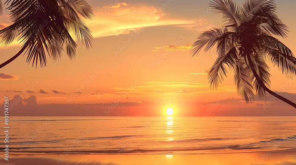 a serene tropical beach scene with palm trees and calm waters under an orange sky with a white cloud