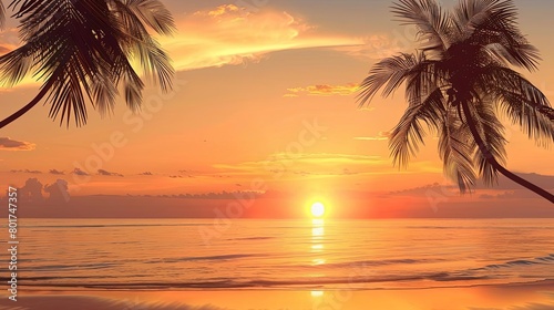 a serene tropical beach scene with palm trees and calm waters under an orange sky with a white cloud