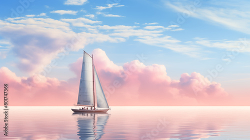 A long shot of sailing boat on clean pastel
