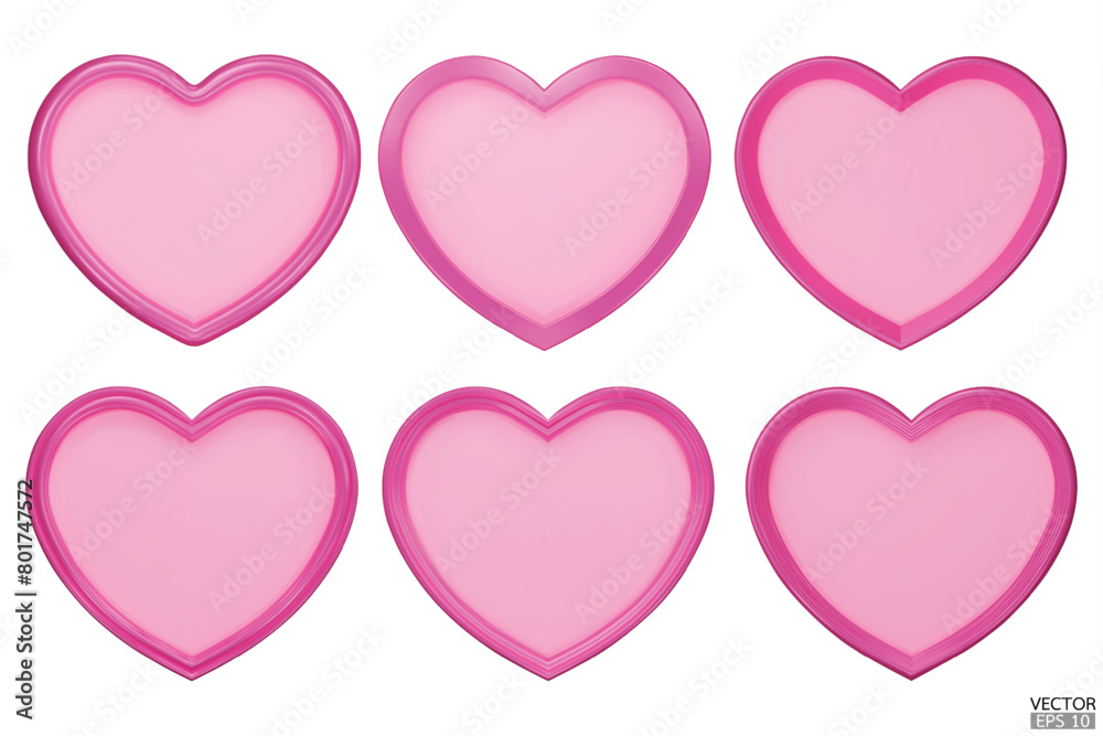 Set of decorative pink hearts. Pink Heart Shaped Frame. 3d realistic heart with rim. Elements for Valentines Day, Wedding, Birthday, Anniversary, Mothers Day decoration. 3d vector illustration.