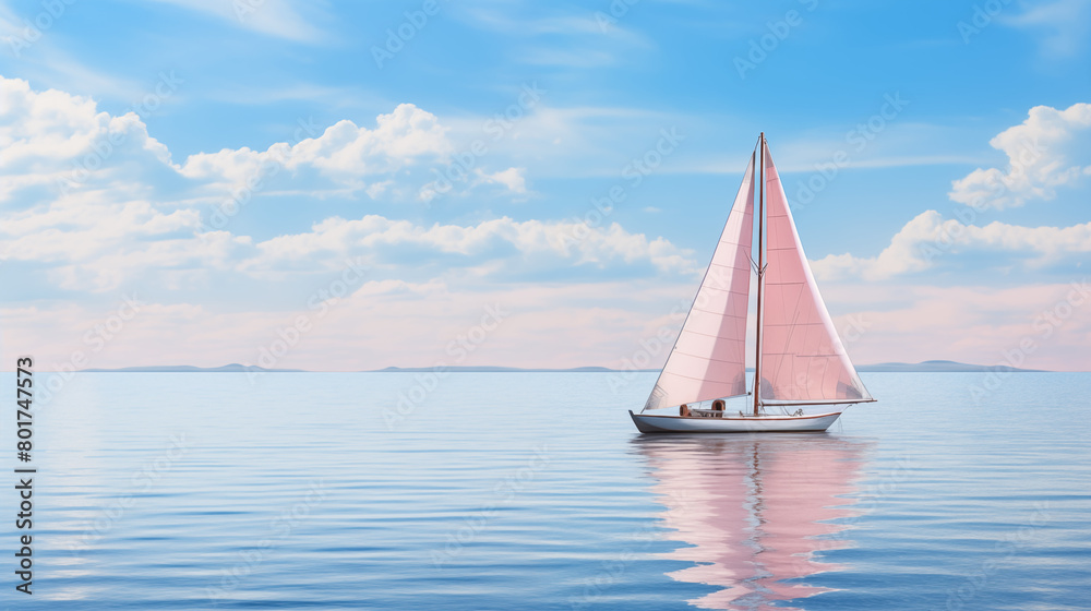 Fototapeta premium A long shot of sailing boat on clean pastel