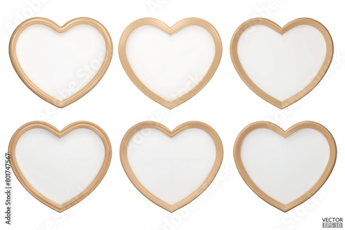Set of decorative wood hearts. Wooden Heart Shaped Frame. Realistic gloss heart with rim. Elements for Valentines Day, Wedding, Birthday, Anniversary, Mothers Day decoration. 3d vector illustration.