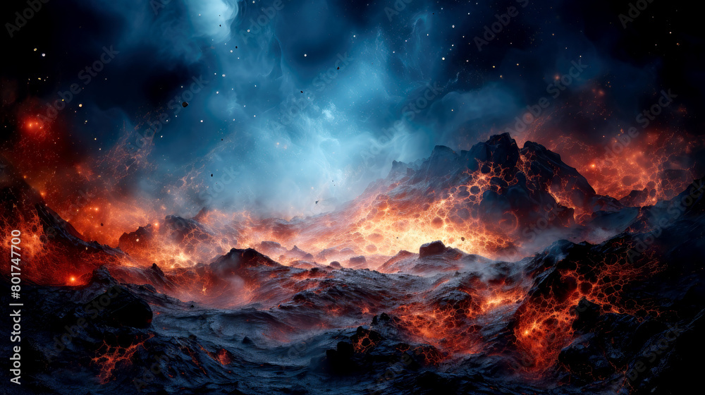 Fiery molten alien landscape, dramatic planetary creation, volcanic burning apocalyptic surface