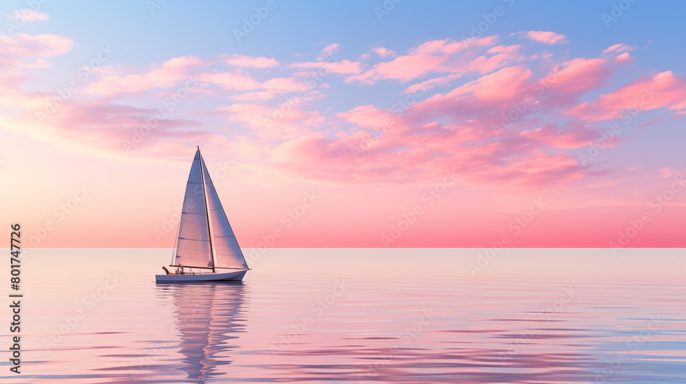 Fototapeta premium A long shot of sailing boat on clean pastel