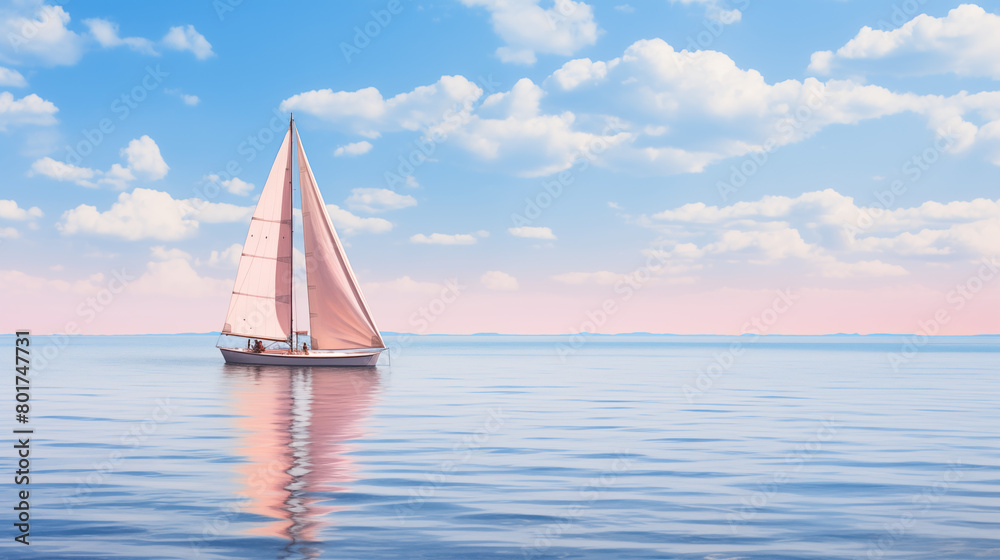 Fototapeta premium A long shot of sailing boat on clean pastel
