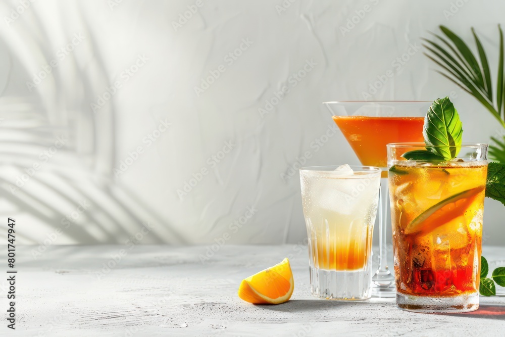 summer cocktails on a concrete surface and a white background summer cocktails on a concrete surface and a white background