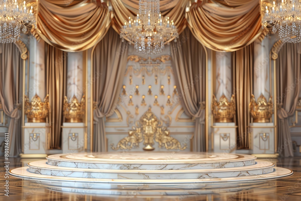 Fototapeta premium Elegant Velvet Podium, front view focus, with a Royal Palace Ballroom Background, ideal for premium jewelry product displays