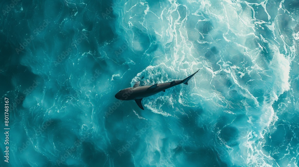Obraz premium Ocean Majesty: Aerial Photography of a Shark Freely Swimming in Clear Waters