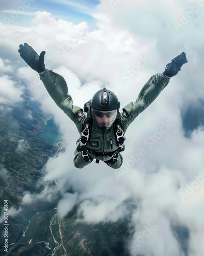 man skydiving trough clouds