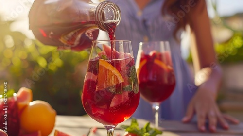 A woman pouring a bright red liquid into a glass showcasing the vibrant colors of the sangria.