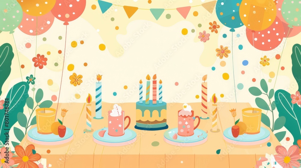 A colorful birthday party table set with cake and decorations A colorful birthday party table set with cake and decorations