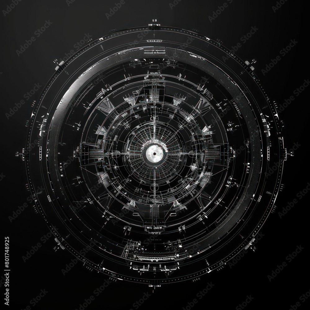 round sci-fi symbol displacement map, black and white on black background round sci-fi symbol displacement map, black and white on black background