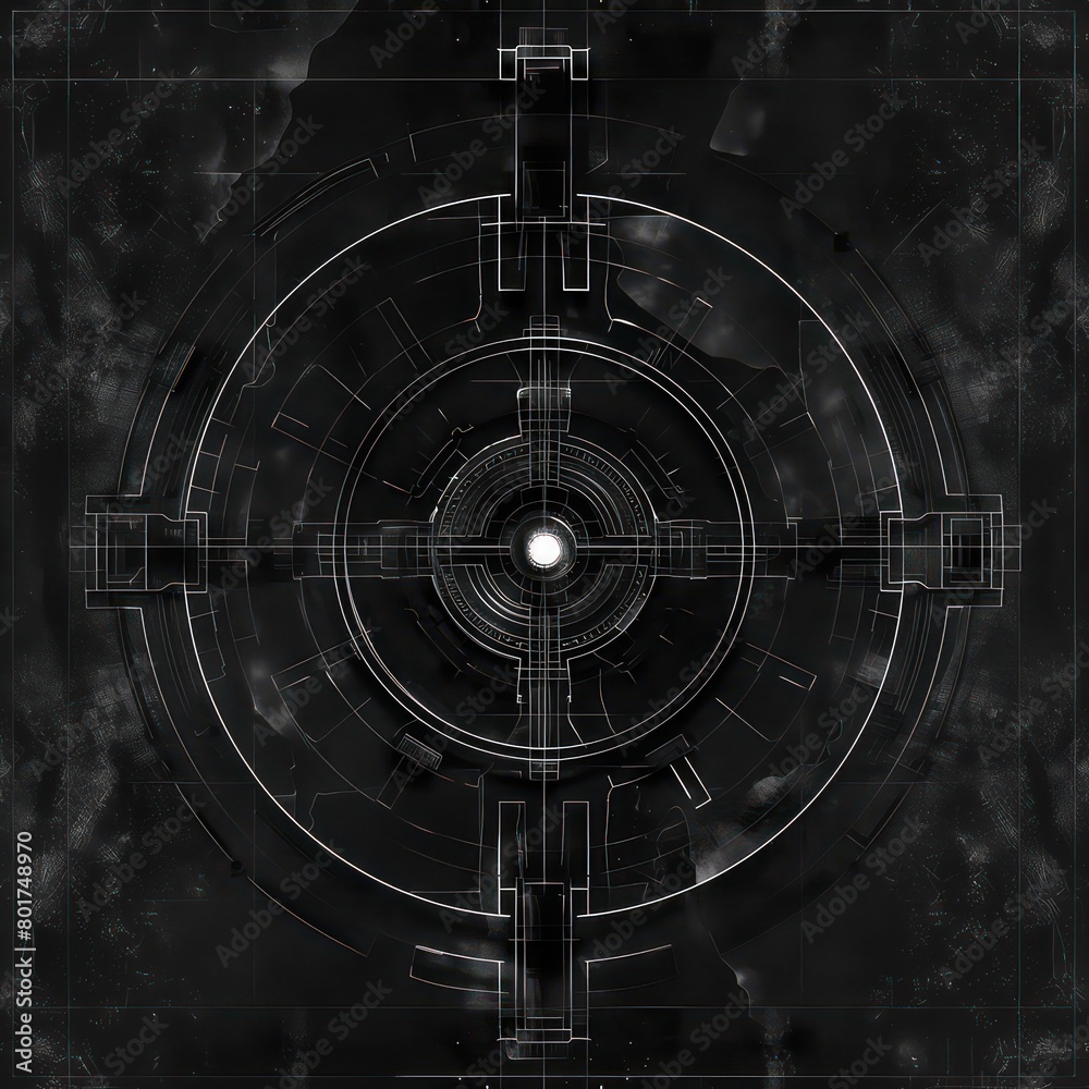 round sci-fi symbol displacement map, black and white on black background round sci-fi symbol displacement map, black and white on black background