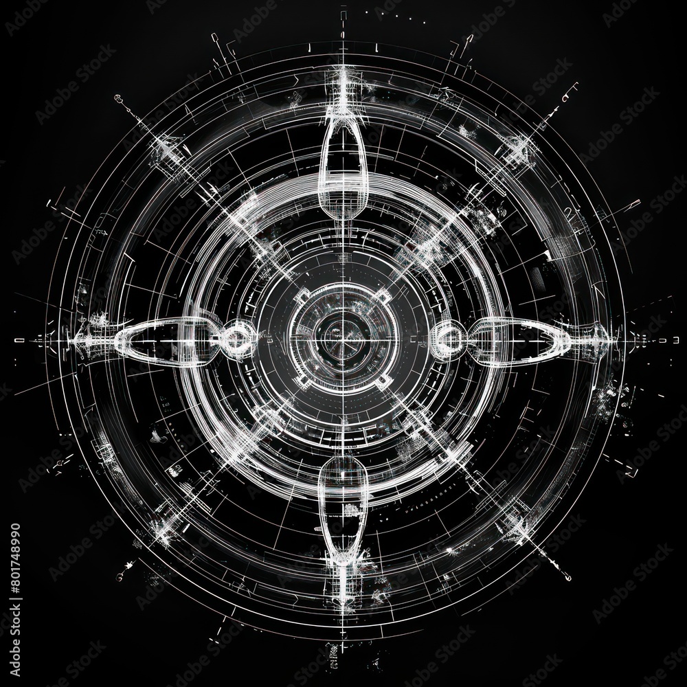 round sci-fi symbol displacement map, black and white on black background round sci-fi symbol displacement map, black and white on black background