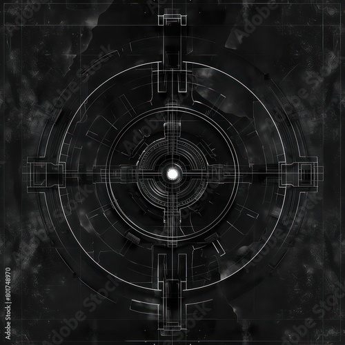 round sci-fi symbol displacement map, black and white on black background