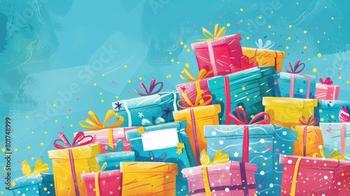 A colorful pile of illustrated gifts celebrating a festive occasion