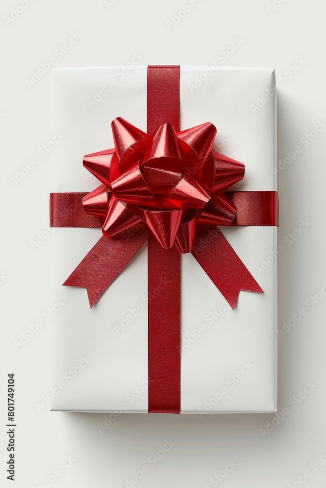 A red ribbon adorns the white present against a white backdrop. A red ribbon adorns the white present against a white backdrop.