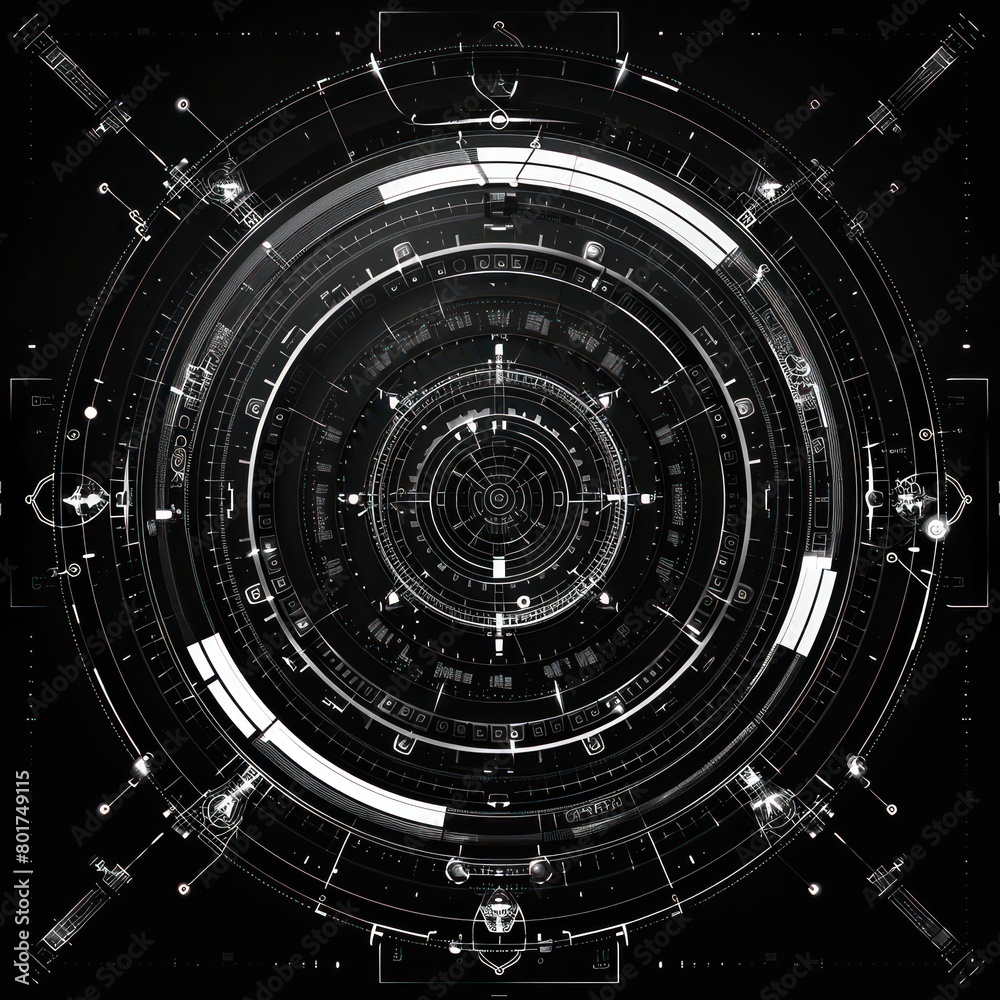 round sci-fi symbol displacement map, black and white on black background round sci-fi symbol displacement map, black and white on black background