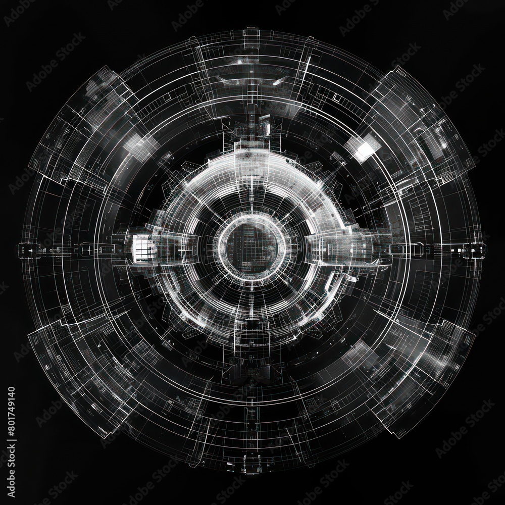 Fototapeta premium round sci-fi symbol displacement map, black and white on black background