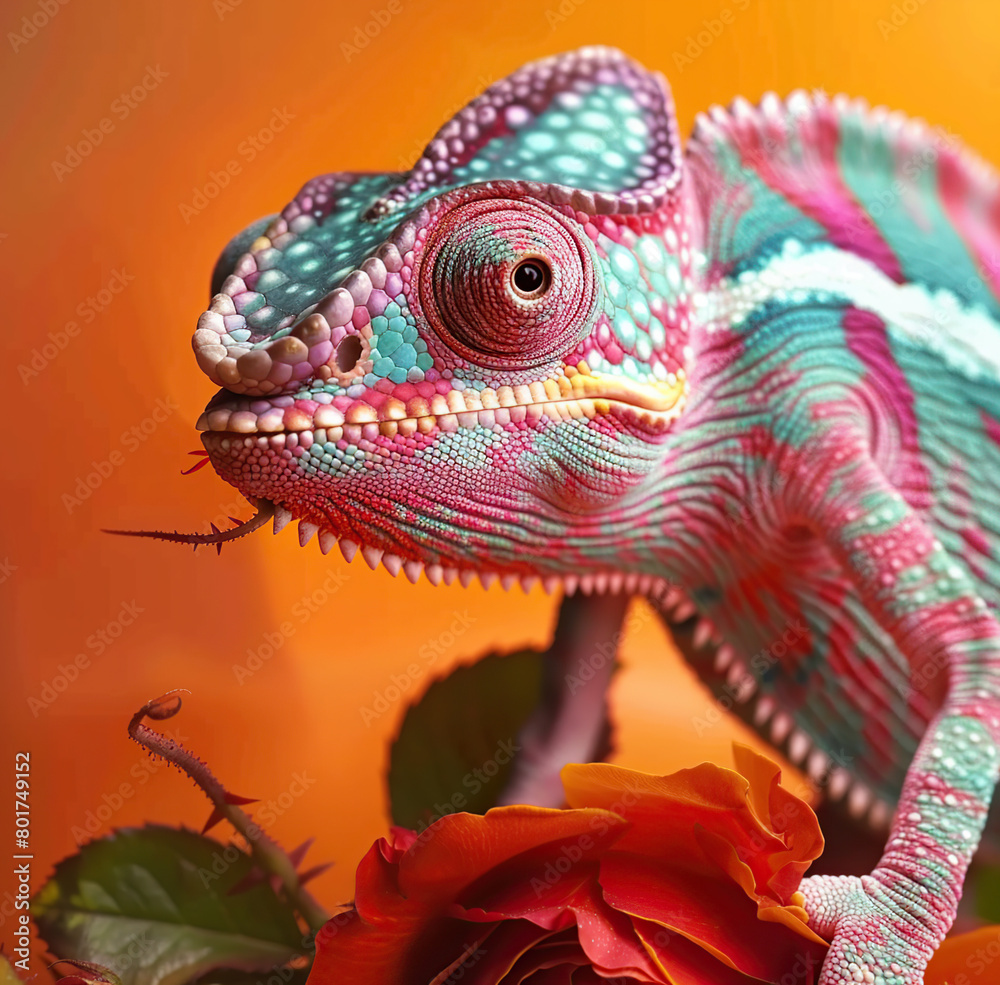 Fototapeta premium Chameleon on the flower. Beautiful extreme close-up