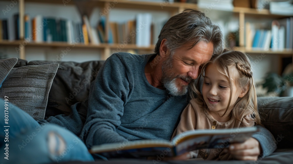 Father and daughter lying on the couch, flipping through a photo album, laughter echoing as they relive memories, embodying familial connection. Father and daughter lying on the couch, flipping through a photo album, laughter echoing as they relive memories, embodying familial connection.