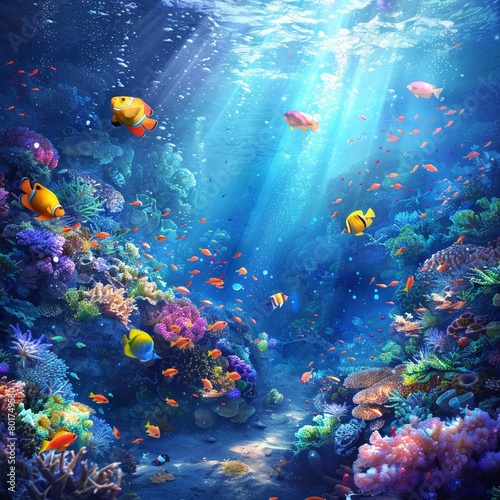 Explore the beautiful underwater world with vibrant coral reefs and a variety of colorful fish in this stunning illustration.