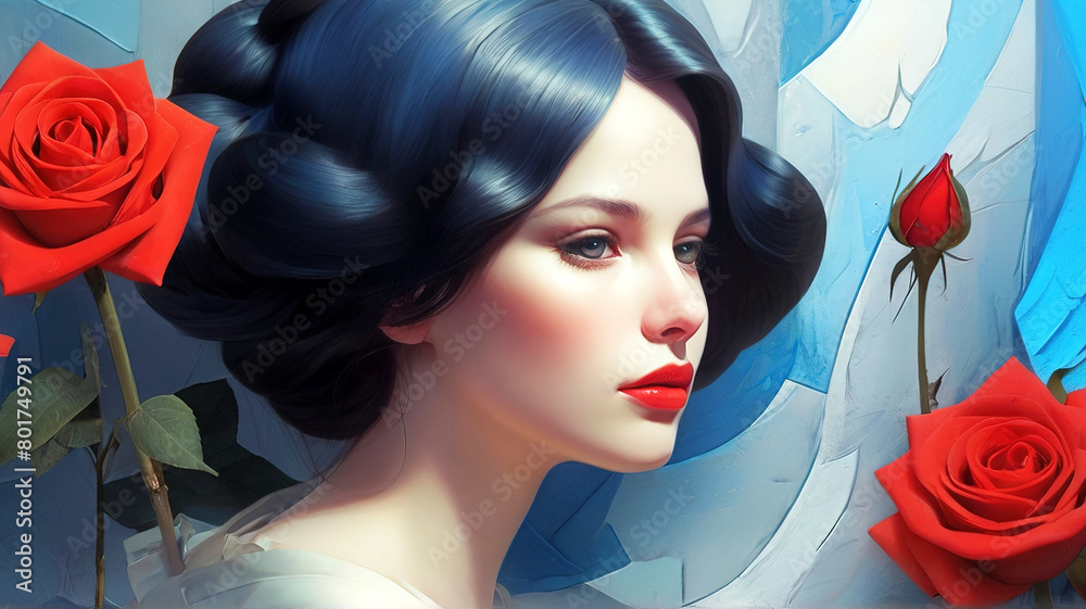 Beautiful young woman with black hair and red roses Stock Illustration ...