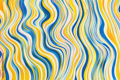 A pattern of colorful, thin lines in varying shades of yellow and blue on white paper, creating an optical illusion that appears to undulate like waves or liquid flowing across the surface. 